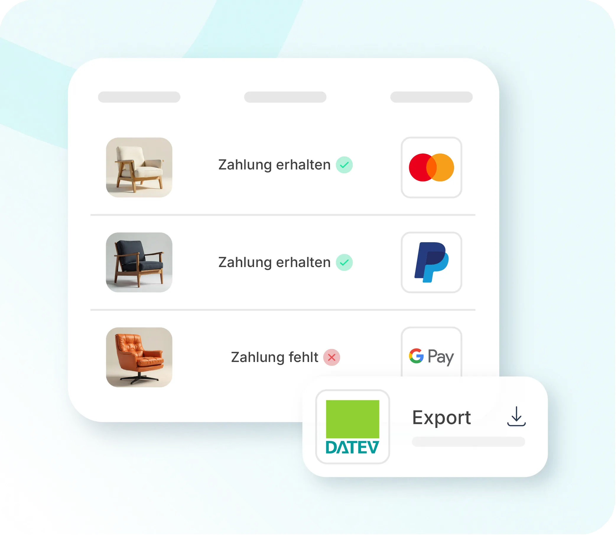 Xentral-Payments und DATEV — Mastercard, PayPal, Google Pay, DATEV-Export